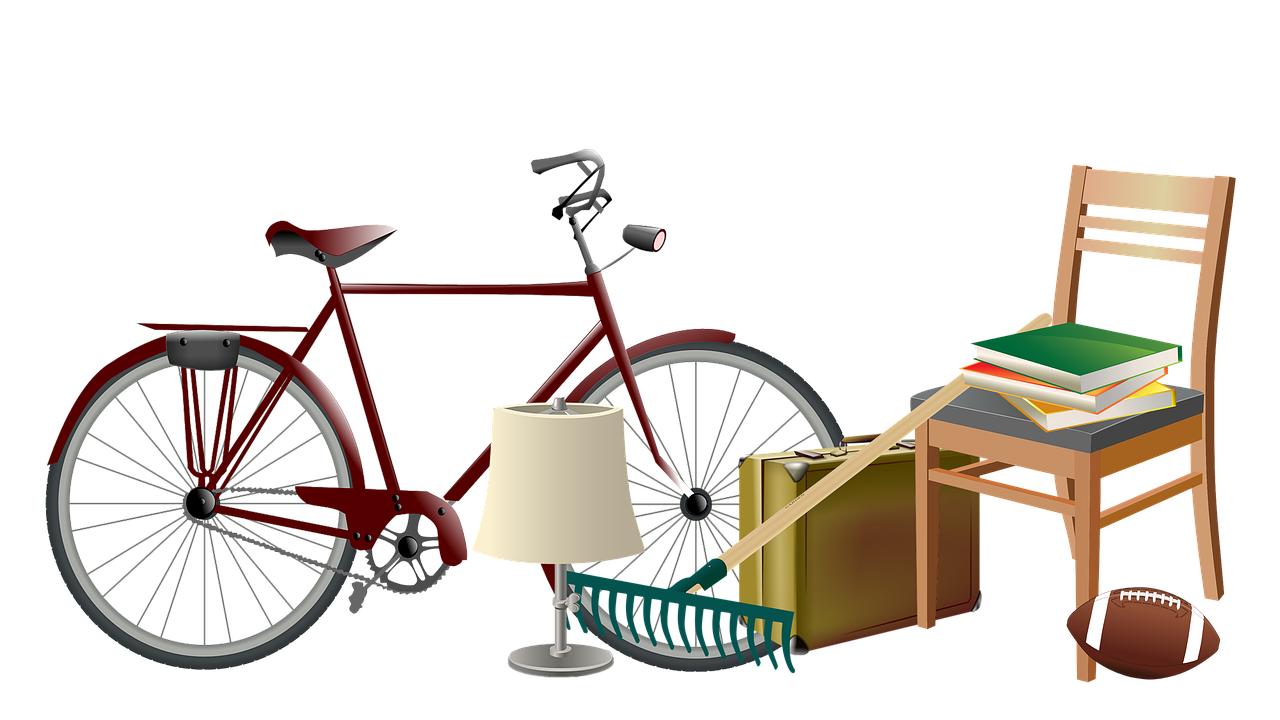 various items such as a bicycle, lamp, chair, and footbool